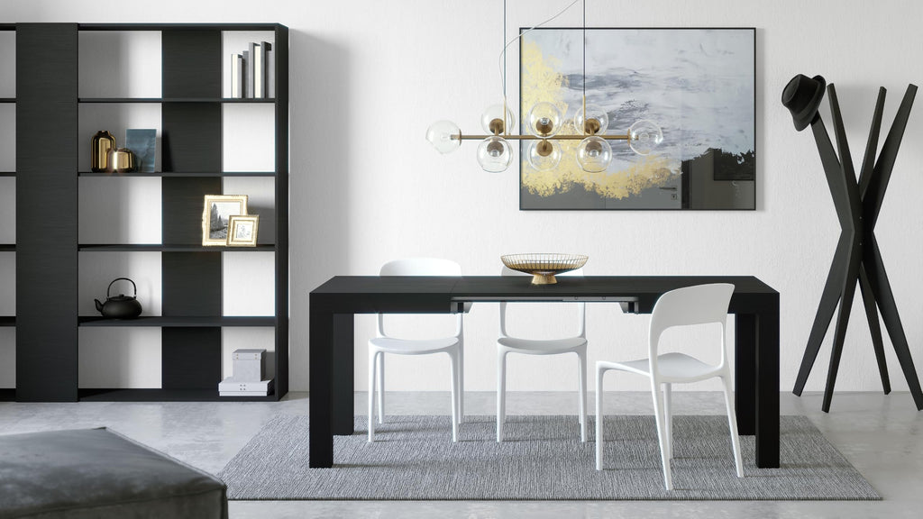 First Extendable Table, 47.2(78.7) x31.5 in, Ashwood Black, for 6-8 People, Expandable Dining Table, Italian