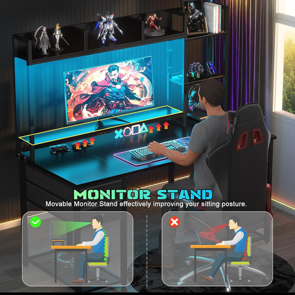 LED Gaming Desk with Hutch, 47.2'' Computer Workstation, Black