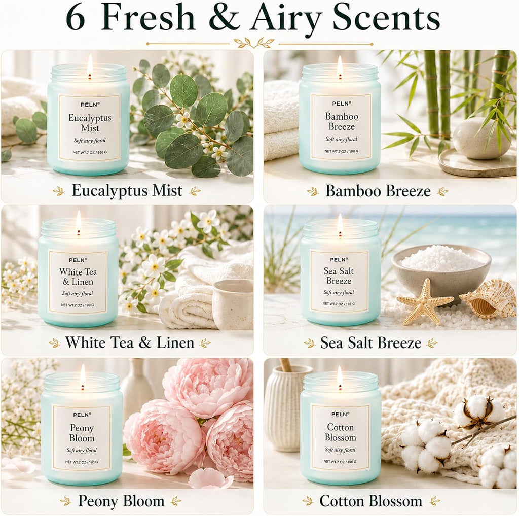 Scented Candles Gift Set, 6-Pack 7 oz Soy Candles, Fresh Botanical Scents | Eucalyptus, White Tea, Sea Salt & Peony.