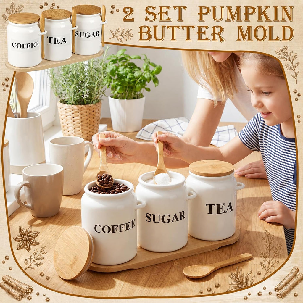 Coffee Sugar and Tea Canister Set with Tray and Spoon 27 oz Ceramic Farmhouse White Container Jar - Set of 3