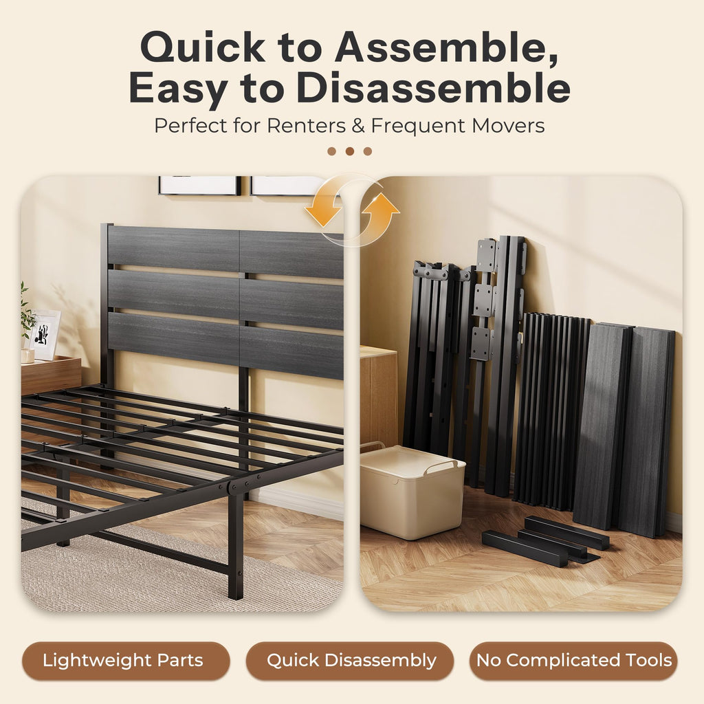 Queen Bed Frame with Headboard and Footboard, Metal Platform Bed with Under Bed Storage, All-Metal Support, No Box