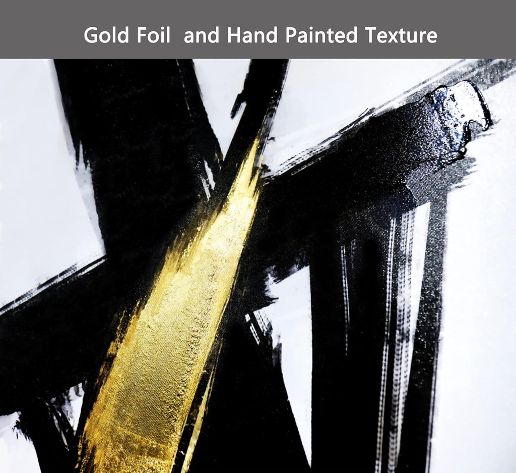 Gold Framed Black and Gold Abstract Canvas Wall Art Prints 3D Textured Black Brushstrokes Painting with Gold Foil