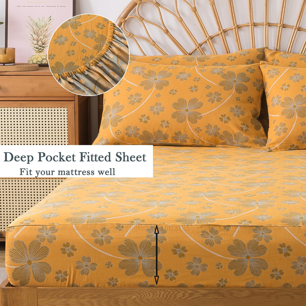 Sheet Set, 100% Cotton Double Gauze, 4-Piece Soft Floral Bed Sheets in Orange & Blue Gray, Deep Pocket Fitted