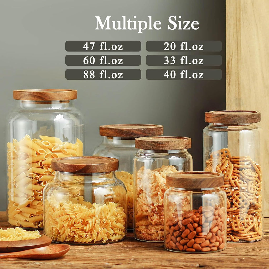 Glass Storage Container Airtight Food Jars Kitchen Canister with Wood Lids, 47 Oz Wide Mouth Pantry Organization