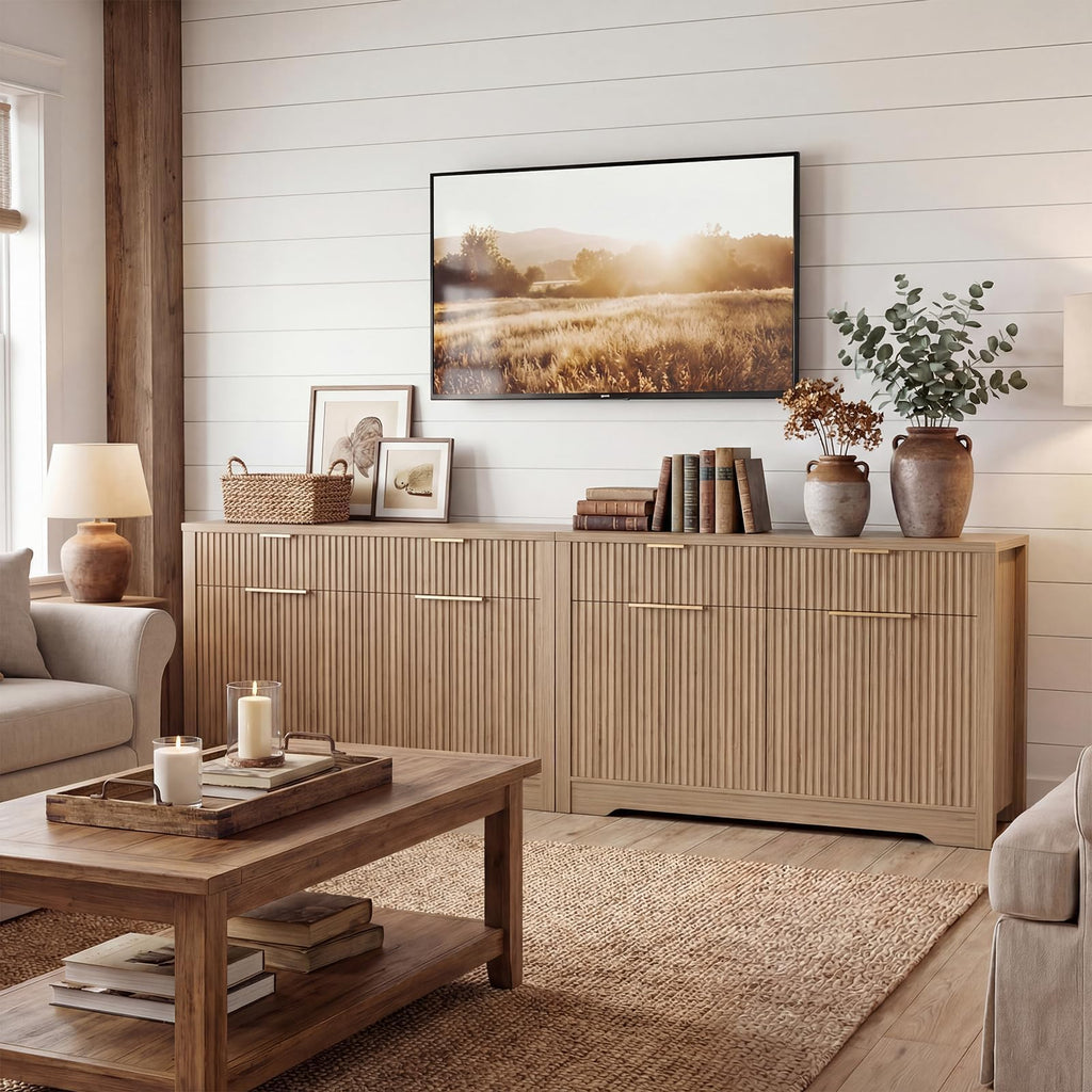 55" Fluted Sideboard Buffet Cabinet with Drawers, Natural Oak