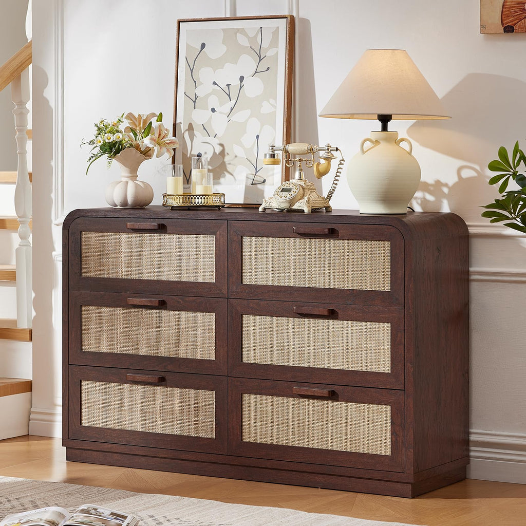 Rattan 6 Drawer Dresser, Walnut