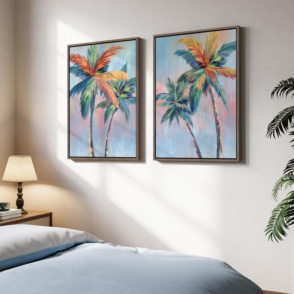 Framed Colorful Coastal Wall Art Decor, Large Tropical Beach Palm Tree Canvas Artwork for Walls, 2 Piece Pop