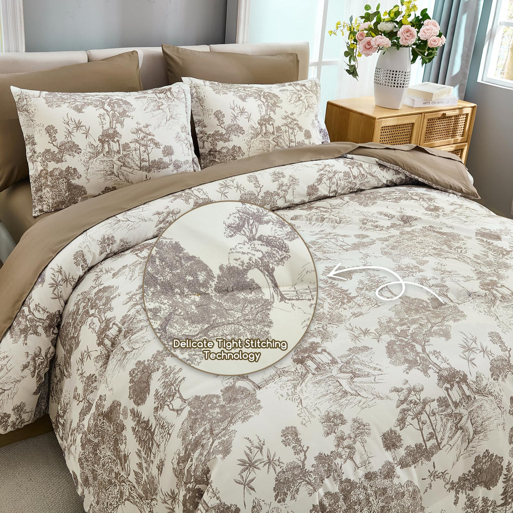 7 Piece Bed in a Bag-Floral Botanical Light Brown Comforter Set, Comforter Set with Sheets, Farmhouse