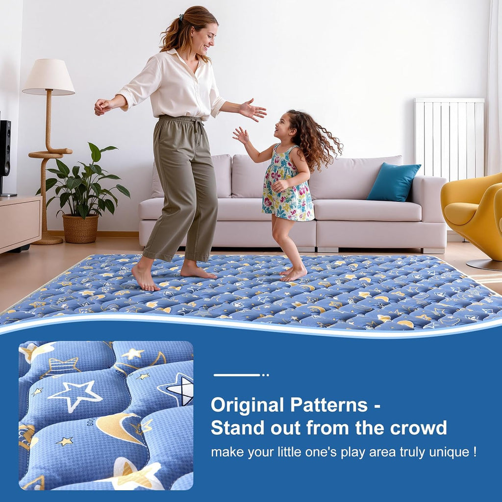 79" x 59" Foldable Baby Play Mat, Odorless Premium Foam Microfiber Floor Mat, Hypoallergenic Non‐Slip Washable