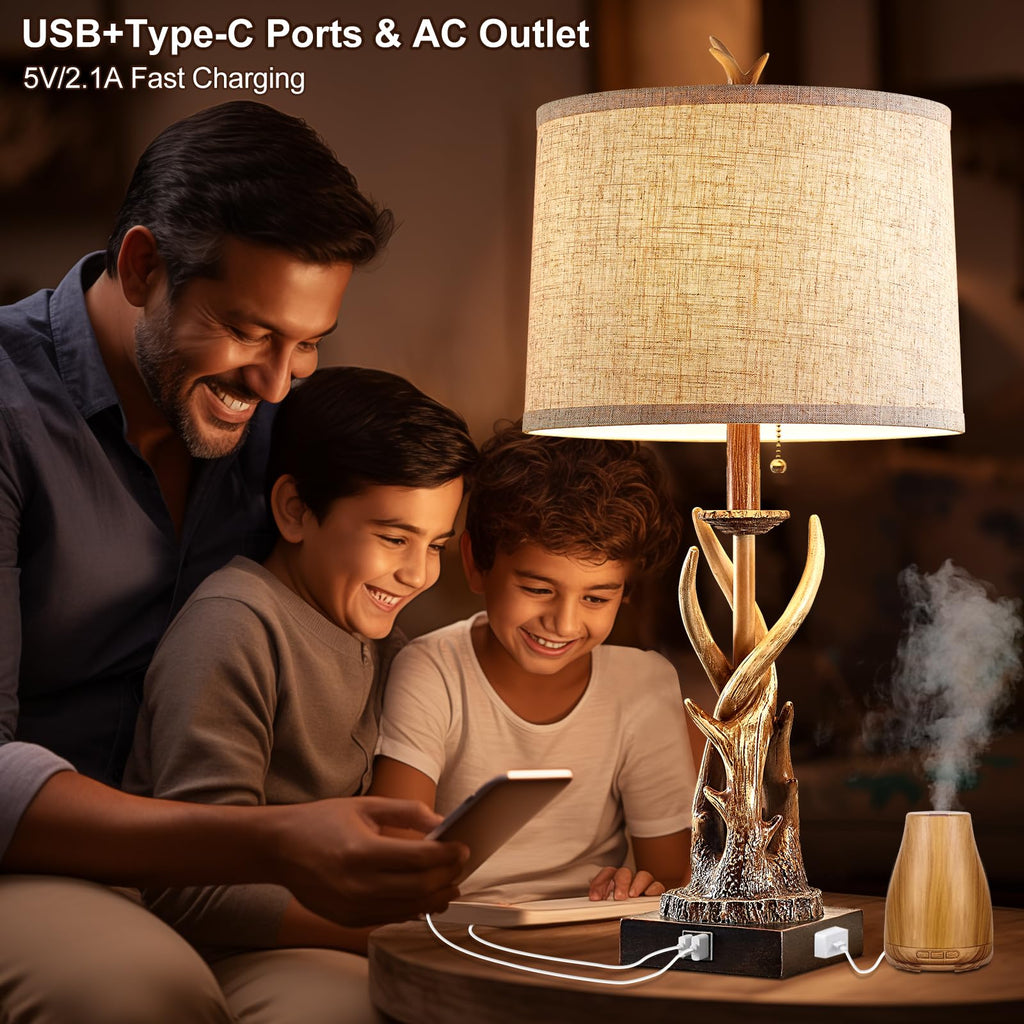 Rustic Deer Antler Table Lamps Set of 2 Farmhouse Bedside Lamps with USB A+C Ports End Table Hunting Themed Cabin
