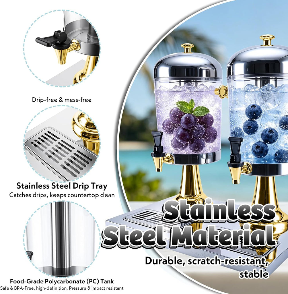 4.2 Gallon Drink Dispensers for Parties, 2 x 2.1 Gal Leakproof Beverage Dispenser with Stainless Steel Stand, Spigot