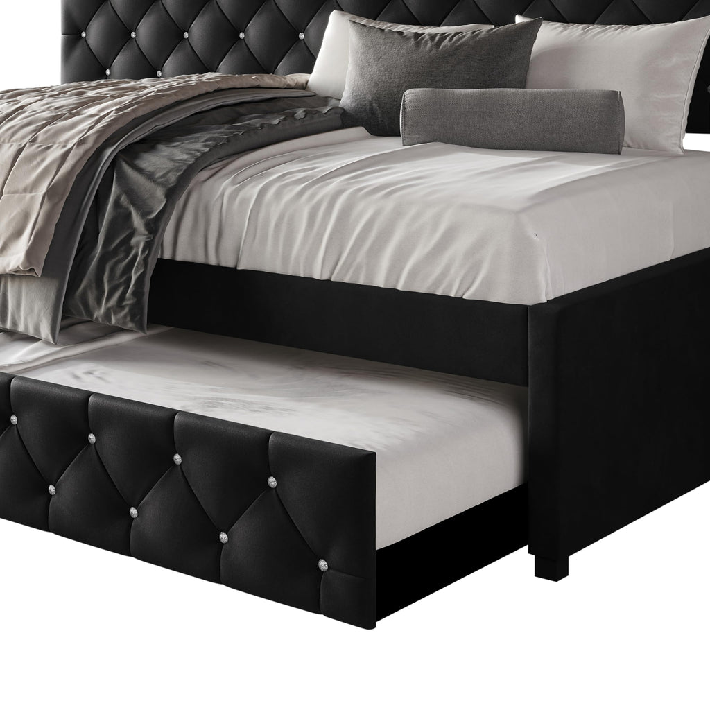Darcey Velvet Upholstered Twin Daybed with Trundle, Tufted Guest Bed Frame, Modern Versatile Seating and Sleeping