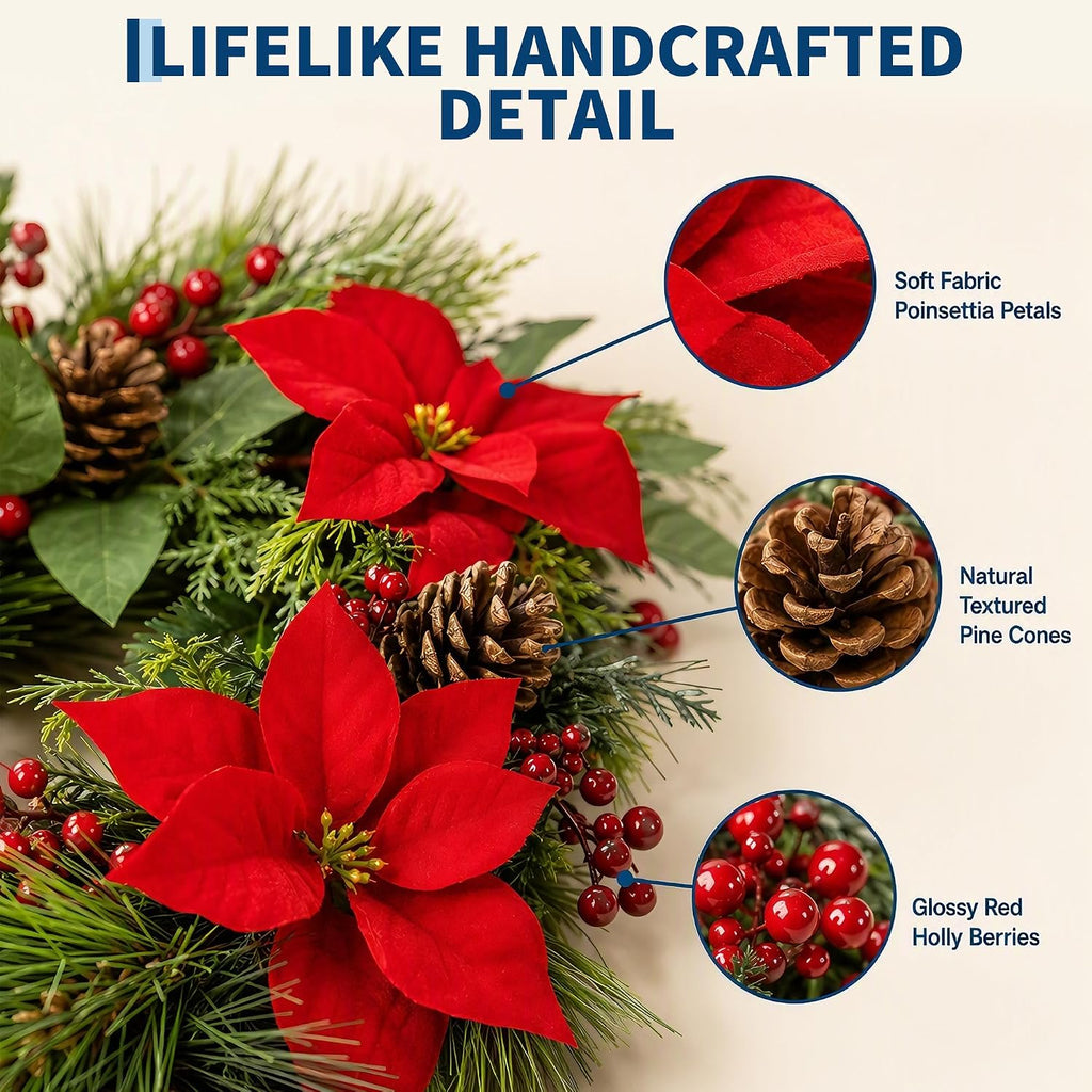 Christmas Pine Garland with Red Poinsettias, Pine Cones & Berries