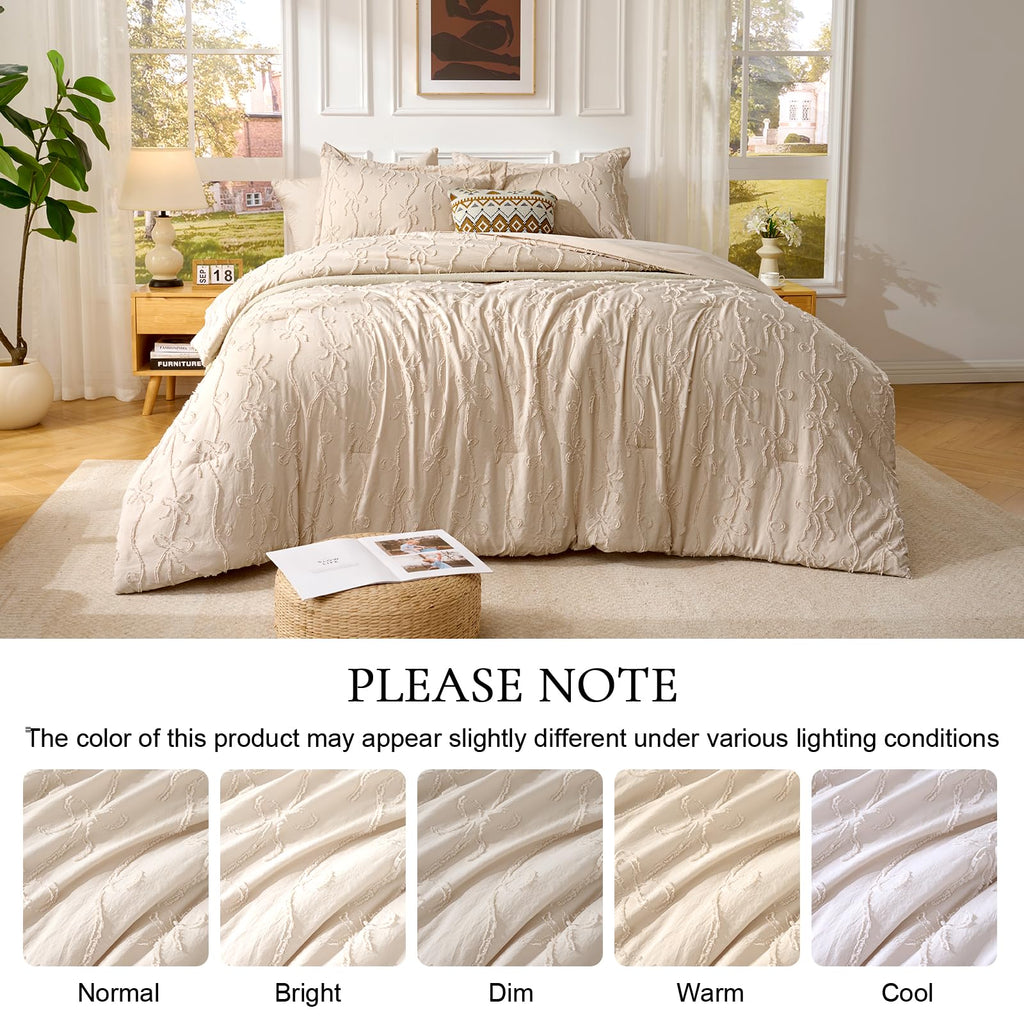 7 Pieces Bow Tufted Boho Comforter Set Khaki Farmhouse Shabby Chic Embroidered Bedding for All Seasons Queen Size
