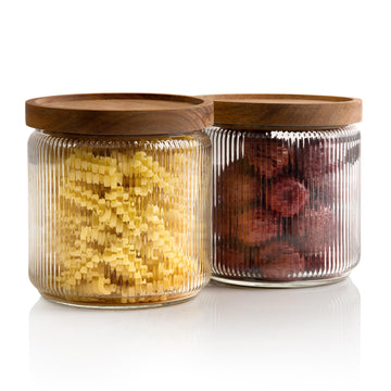 Ribbed Glass Jar, Stackable & Airtight Wooden Lid- Storage Canister for Cereal, Pasta, Rice/Flour - High End Look