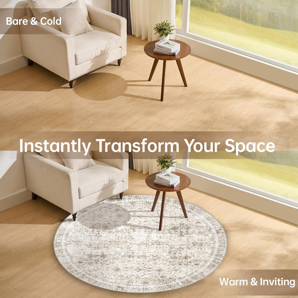 Round Rug 4ft, Ultra-Soft Washable Rug, Beige
