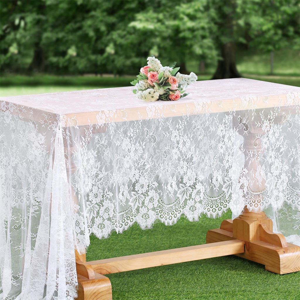 White Lace Tablecloth 5 Pack 60 x 120 Inch Wedding Table Cloth Rustic Table Overlay Sheer Table Cloths for Vintage