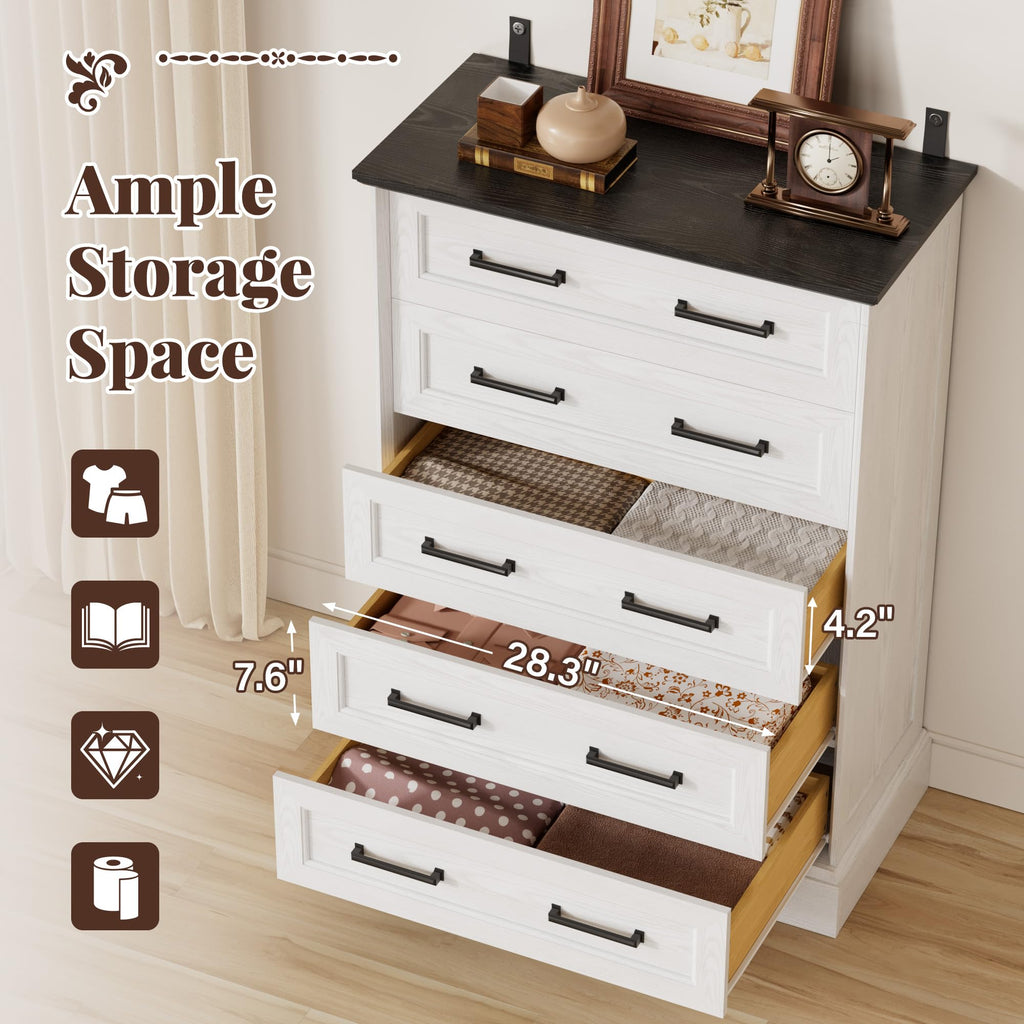 Farmhouse Dresser, 5 Drawers Dresser, White & Black