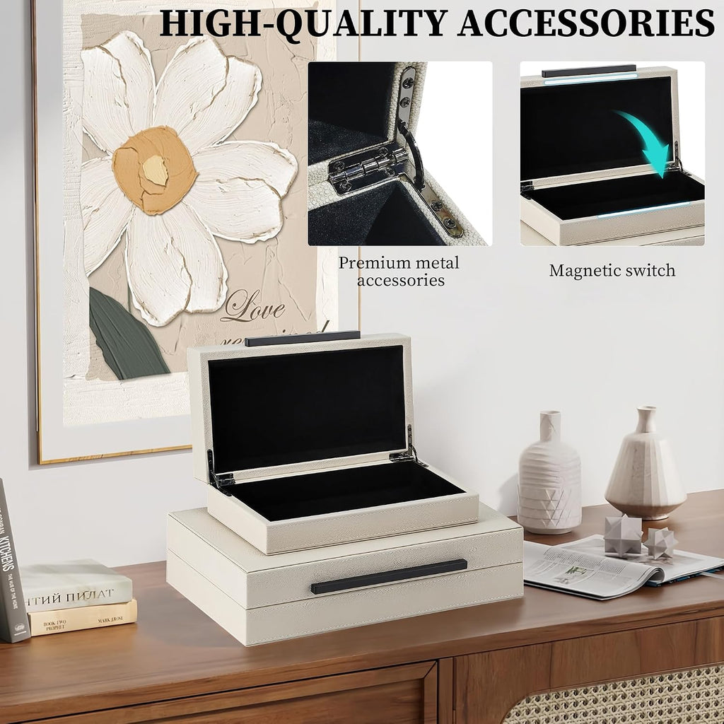 Shagreen Decorative Box, Modern Faux Leather Beige Decorative Storage Boxes with Lids and Metal Handles - Set of 2