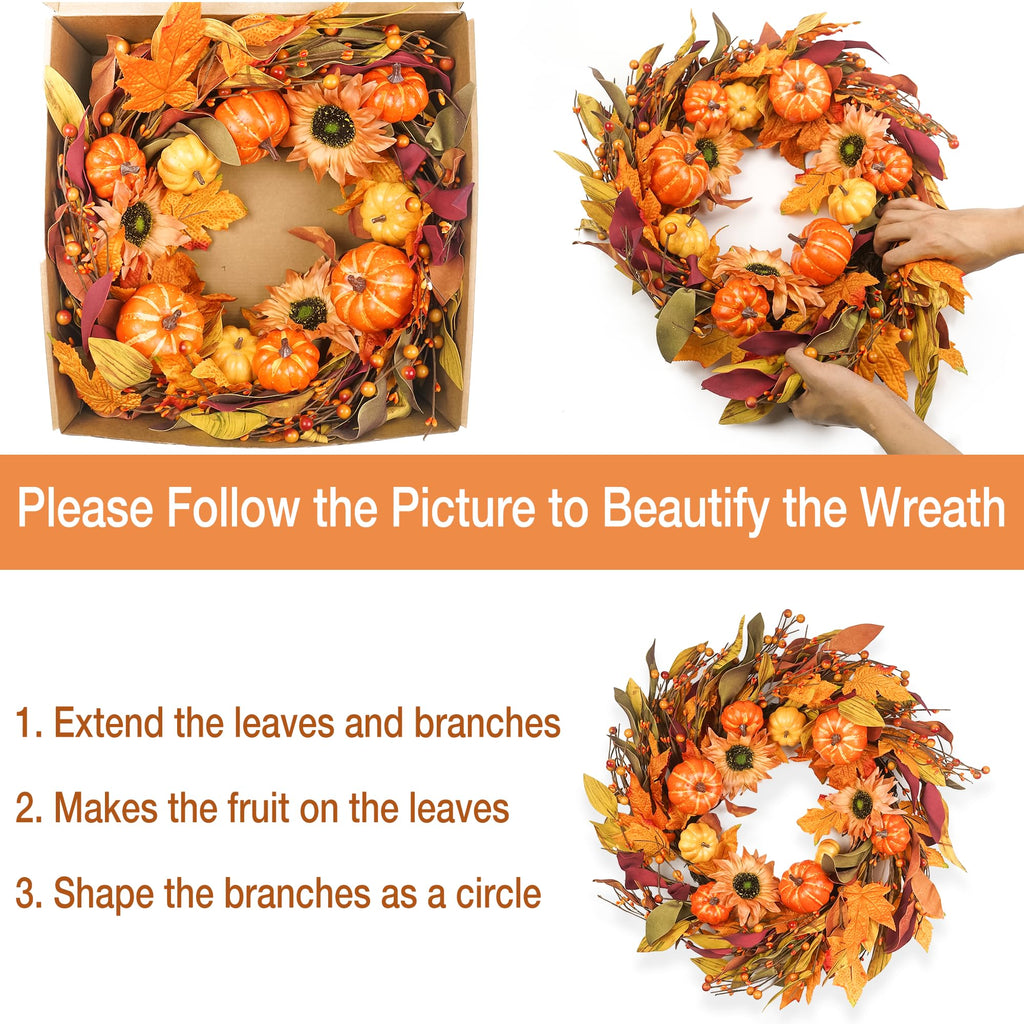 Fall Wreaths for Front Door 22 Inch, Autumn Wreath with Berry Pumpkin, Maple Leaves, Thanksgiving Harvest Festival