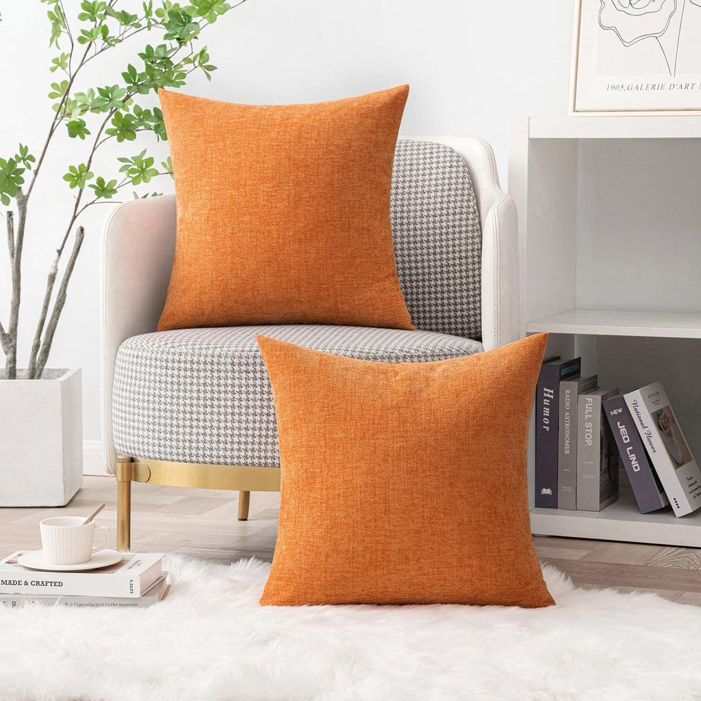 Soft Chenille Fall Throw Pillow Covers Orange 20x20 Inch Pack of 2