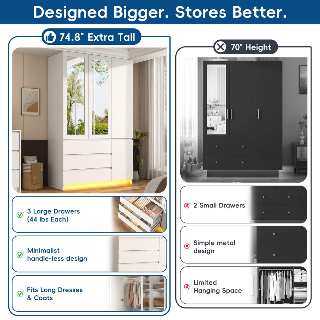 75" Tall Modern Wardrobe Closet with 2 Mirrors, LED Lights, 47"W Armoire Wardrobe Cabinet with 3 Drawers, Hanging