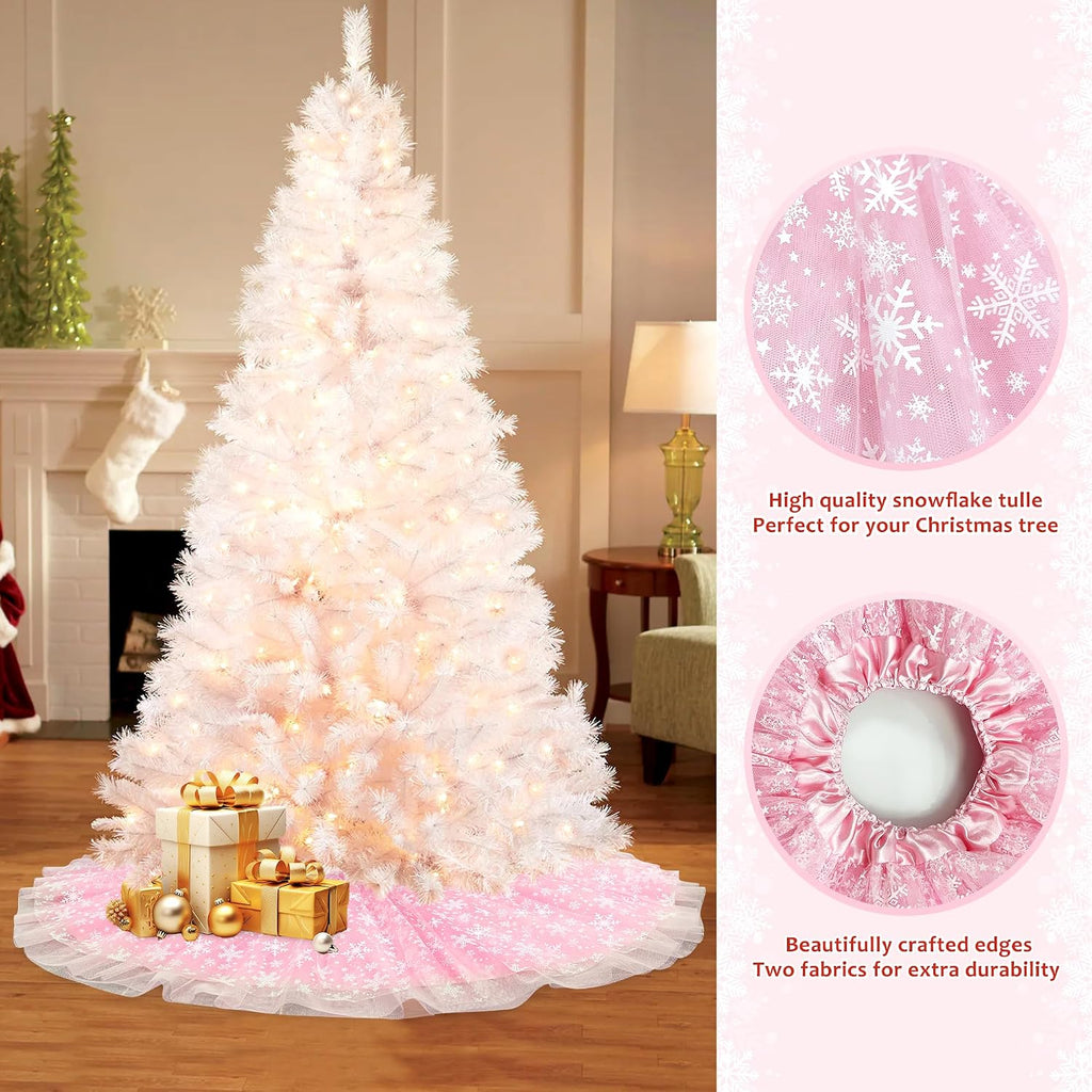 Christmas Wedding Tree Skirt, 4 Layer 47 in Snowflake Tulle Tree Decoration for Party Indoor, Fluffy Tree Cover Mat