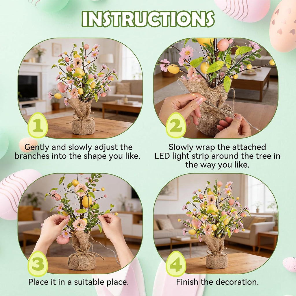 Easter Decorations, Pre-Lit Easter Egg Tree Tabletop Decor with Delicate Ornaments Easters Party Wedding Holiday