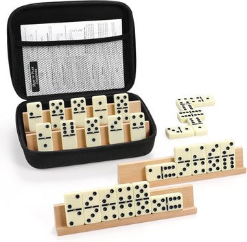 Dominoes Set Adults with 4 Wooden Racks/Trays Double Six Dominoes Travel Set with Portable Case Double 6 Dominoes Set