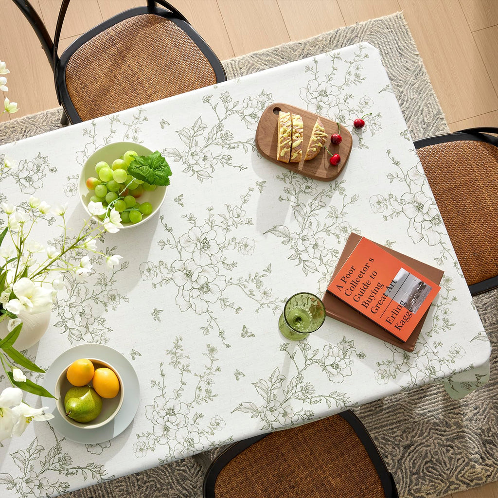Green Floral Tablecloth Vintage French Rustic Linen Tablecloth Rectangular