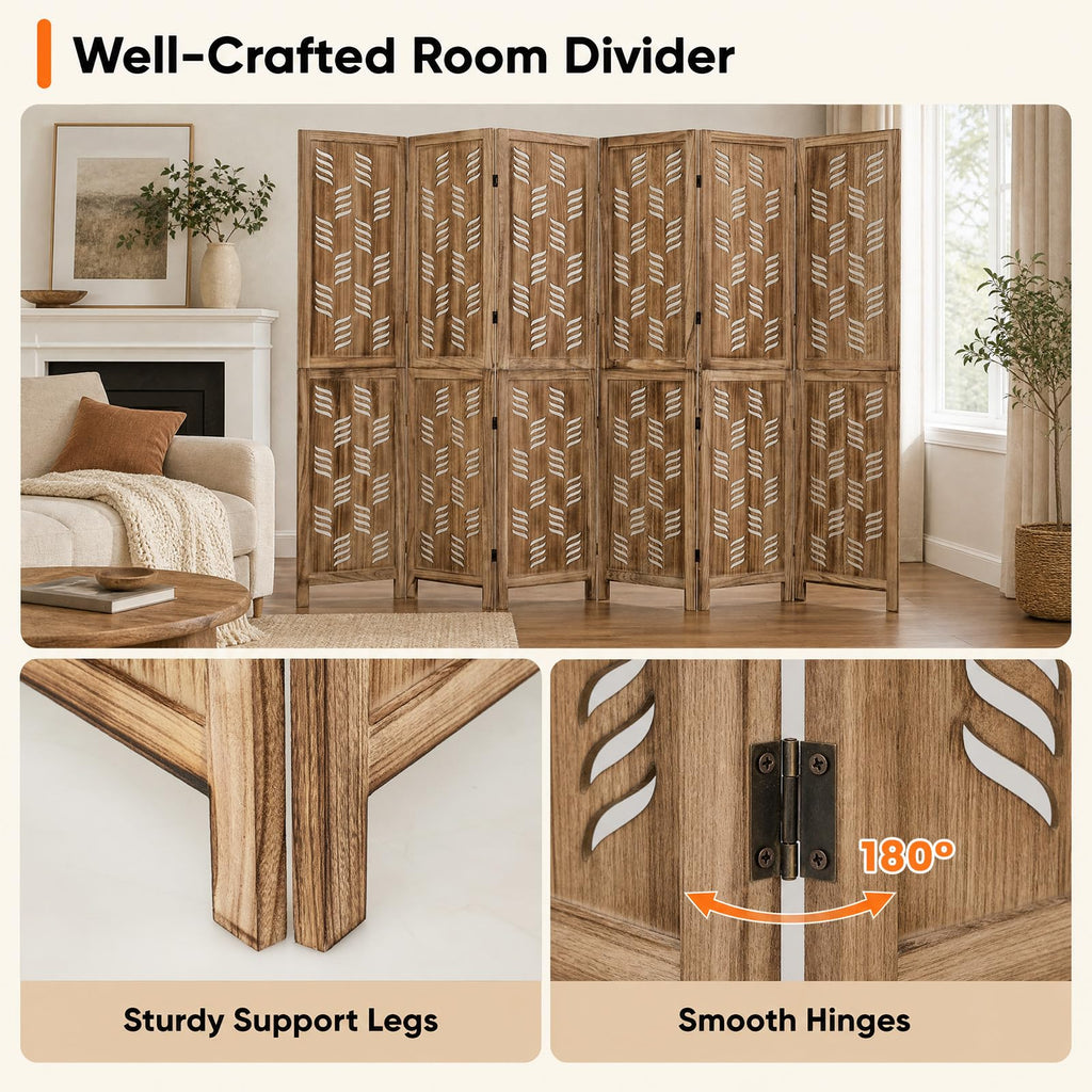 6 Panel Folding Room Divider, Wood Privacy Screen with Wave Cutout