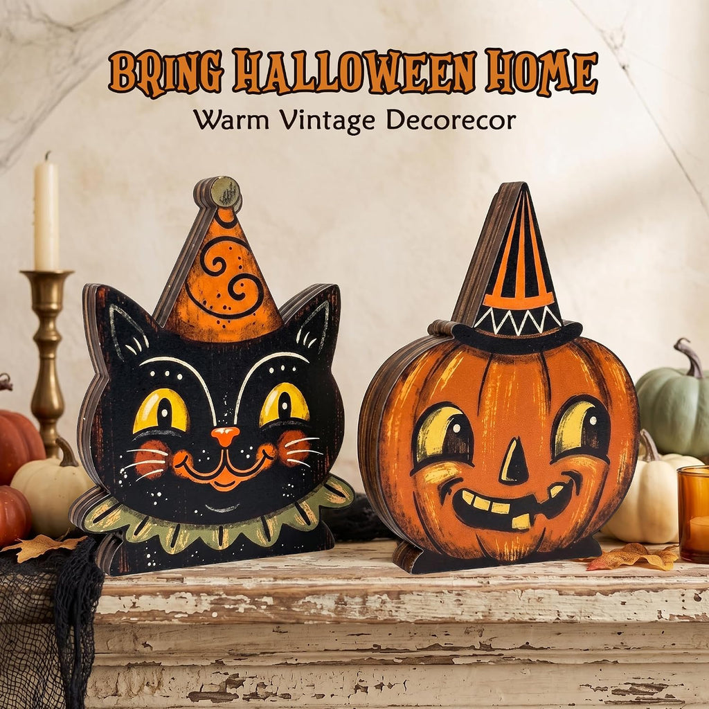 Wooden Halloween Decor Small Halloween Signs Indoor Decor Black Cat Pumpkin - Set of 3