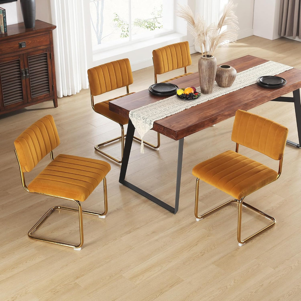 Orange Velvet Dining Chairs Set of 2, Upholstered Kitchen & Dining Room Chair, Comfy Dinner Chair with Gold Metal
