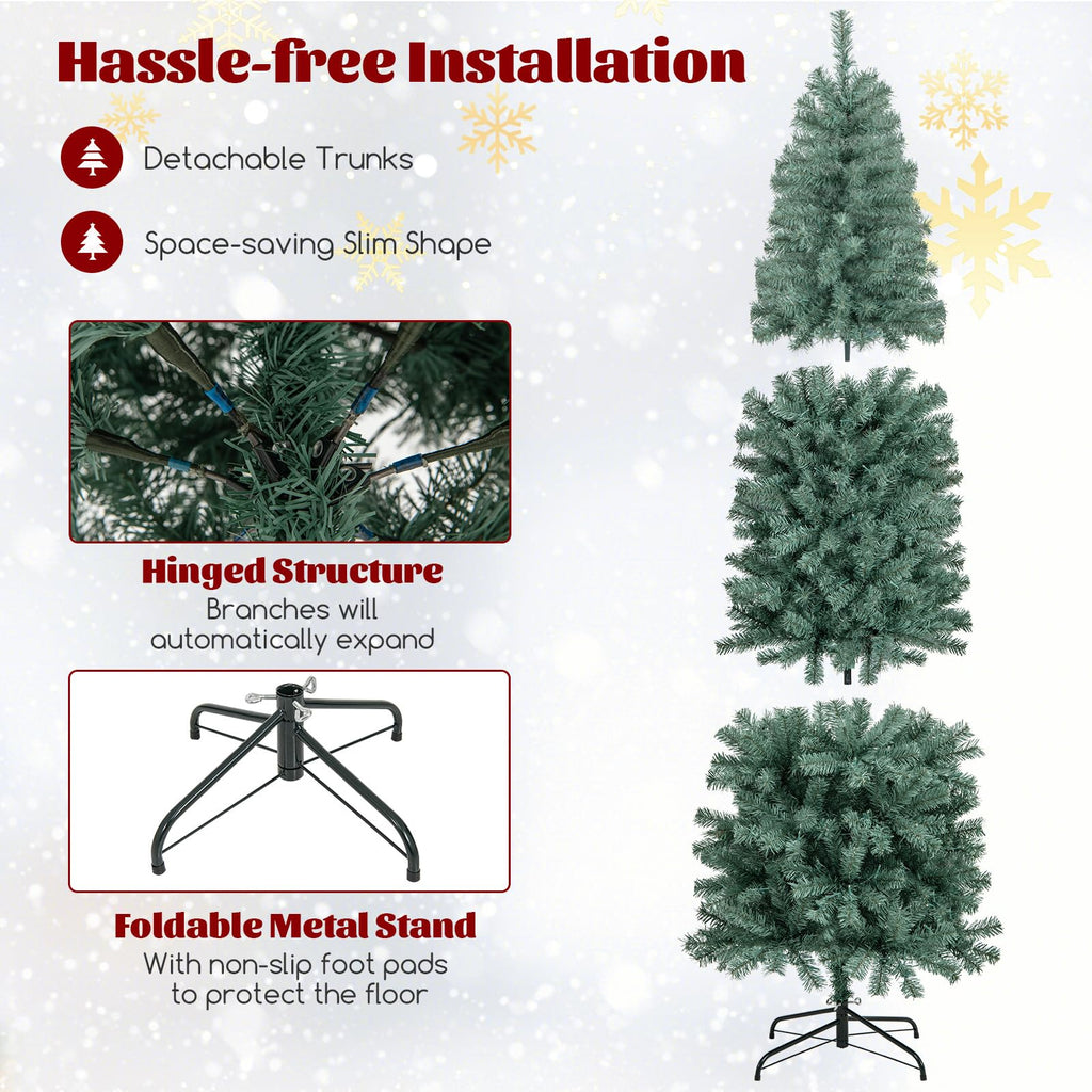 7.5 FT Pre-lit Pencil Christmas Tree, Hinged Artificial Xmas Tree w/ 724 Blue Branch Tips, 250 Warm White &