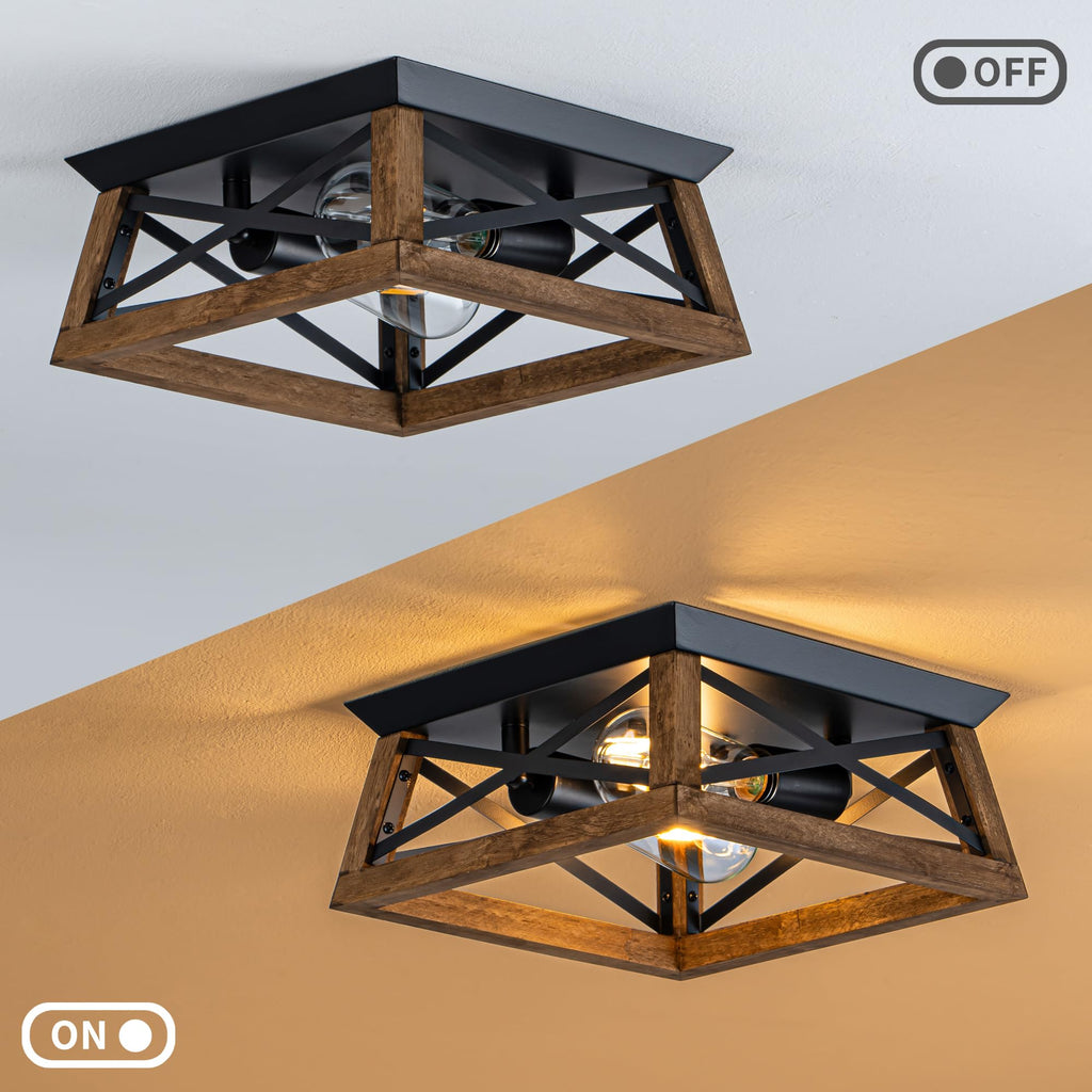 2-Light Farmhouse Light Fixture, Rustic Ceiling Light with Wood and Metal Design, Wood Ceiling Light, Cabinet
