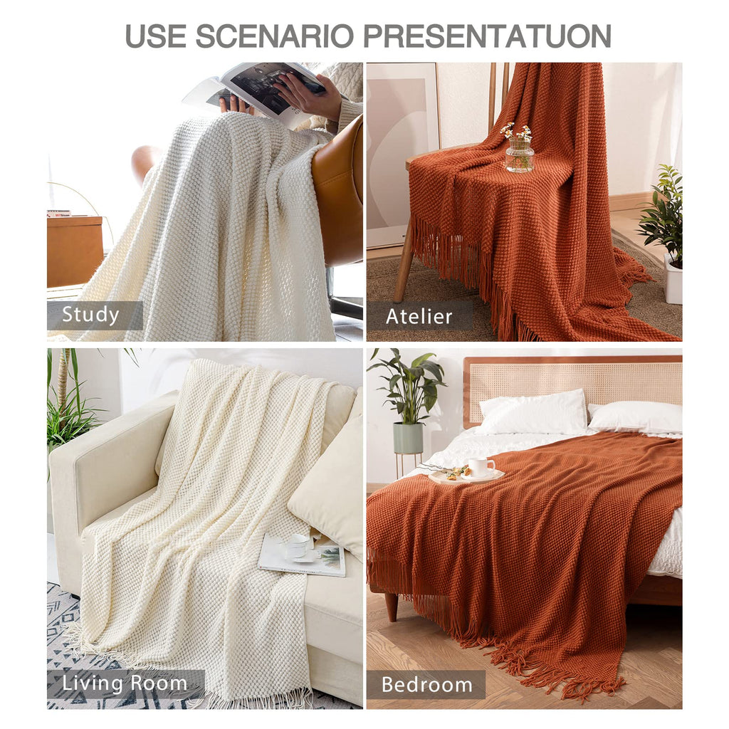 Knitted Throw Blanket with Tassel Breathable Cellular Blanket Nordic Style Soft Cozy Couch Cover Decorative Blanket