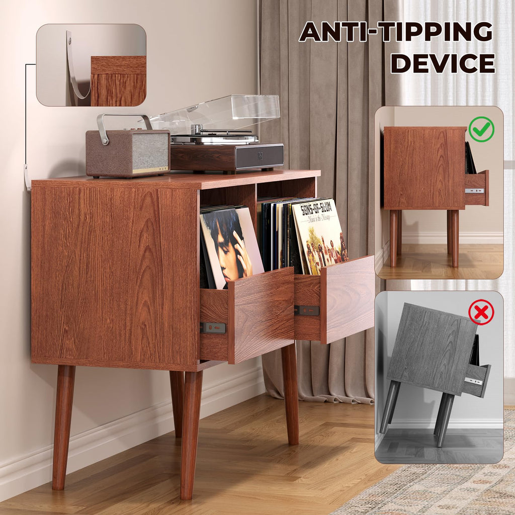 Mid Century Modern Record Player Stand with Vinyl Storage, Brown