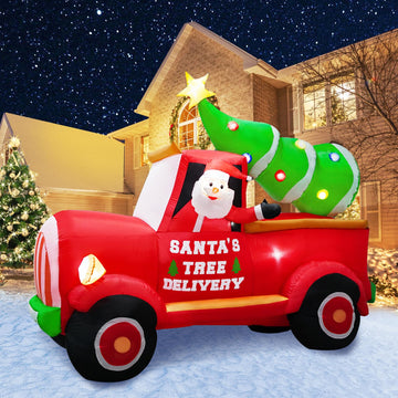 7FT Length Christmas Inflatable Santa Driving Truck with Christmas Tree Decoration, Xmas Blow Up Santa Inflatables
