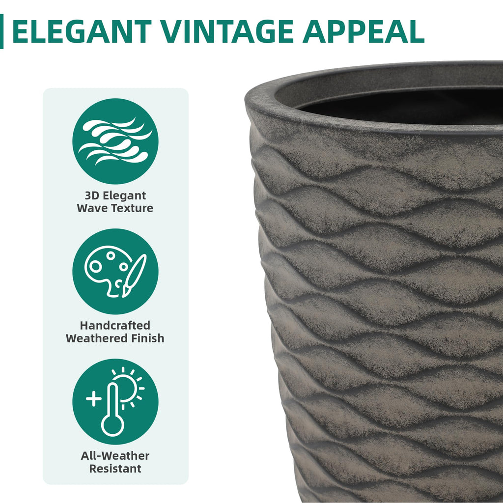 Autodaya 20" Tall Outdoor Planters Set of 2 Plant Pots, Black Wavy Texture