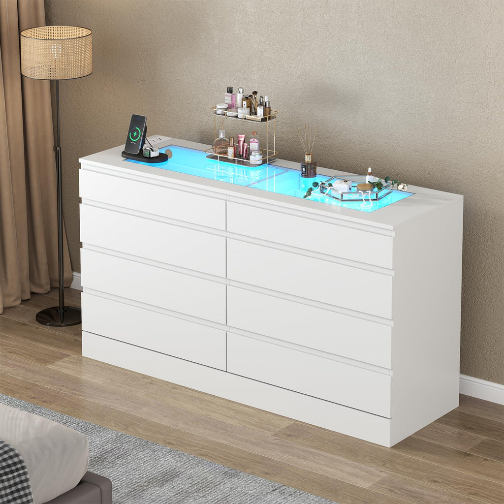 8 Drawer Dresser with Power Outlet, Modern Chest of Drawers with LED Light & Glass Top, Wood Double Dresser TV Stand