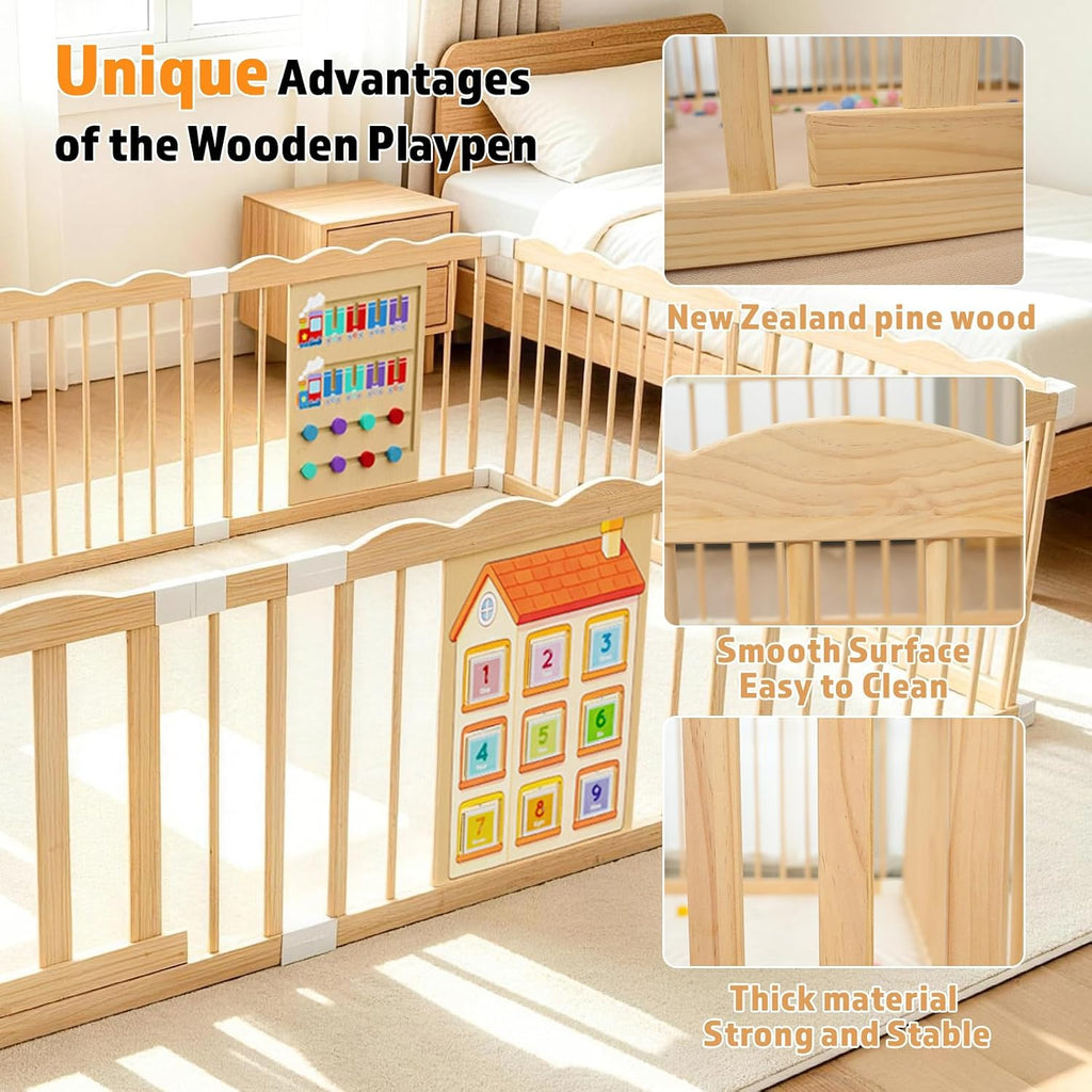 Wooden Baby Playpen with Built-in Activity Panel, 98x65x24In | Large Adjustable Natural Pine Wood Play Pen with