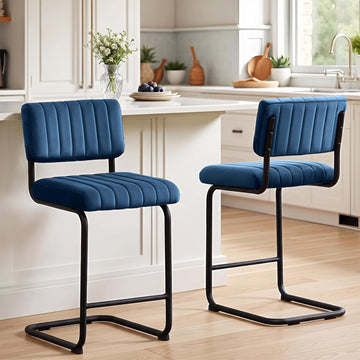 24.6'' Counter Height Bar Stools Set of 2, Mid-Century Modern Cantilever Bar Chairs Island, Upholstered Velvet Fabric
