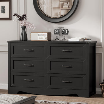 Dresser with 6 Drawers, 48" Wide Wood Chest of Drawers with Deep Drawers & Mental Handle, Modern Dresser TV Stand