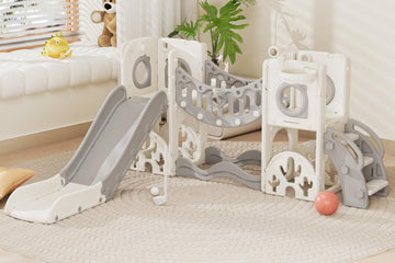 Toddler Slide 8-in-1 Indoor Outdoor Playset (White Gray, Without Swing)