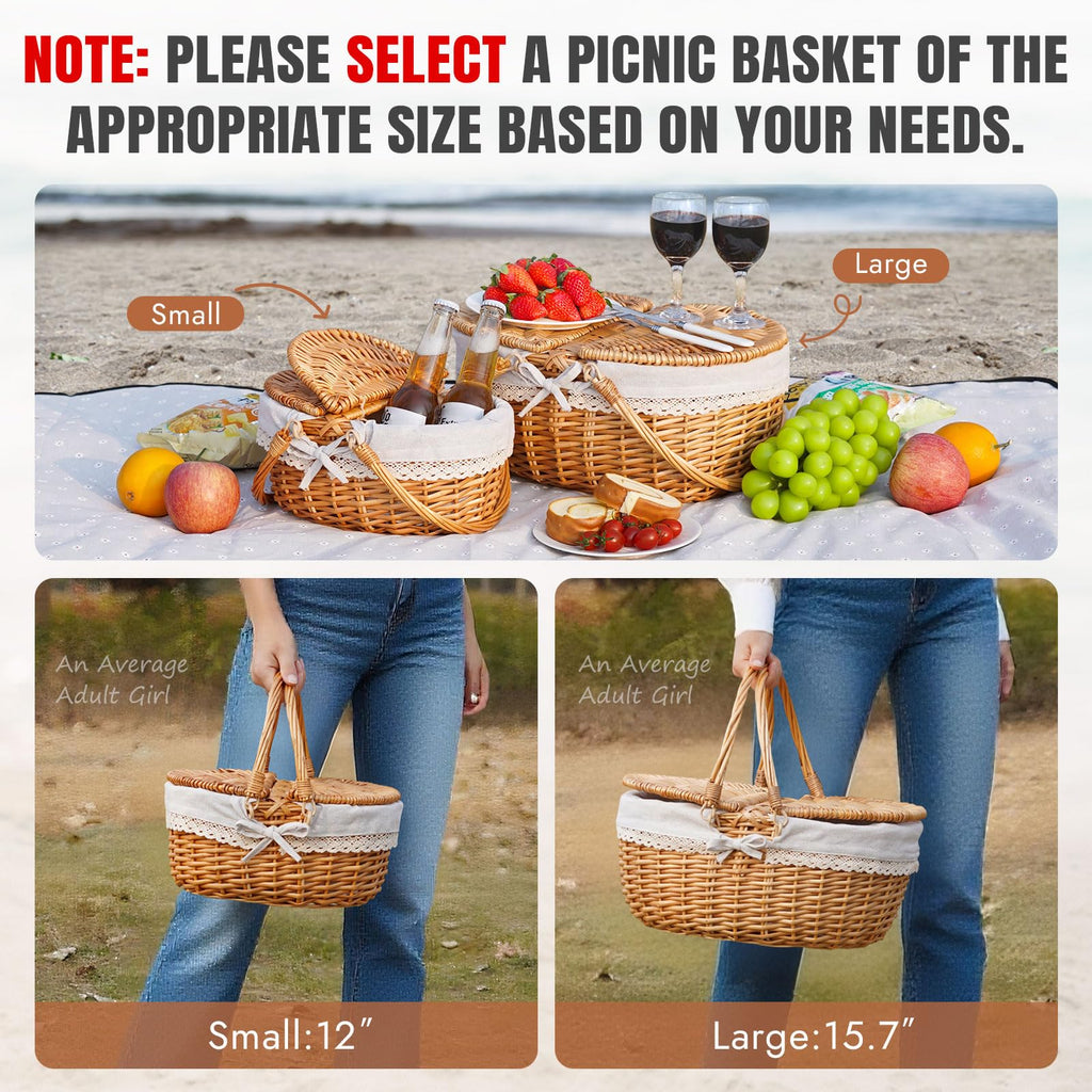 Wicker Picnic Basket with Handle & Lid, 15" Vintage Hand Woven