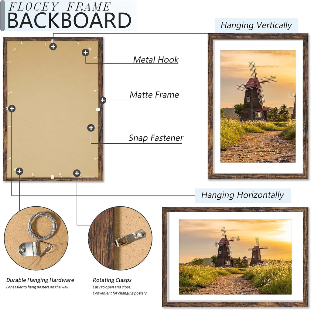 24x36 Picture Frame Set of 5, Rustic Brown Poster Frame, Display Pictures 20 x 30 with Mat or 24 x 36 Without Mat for