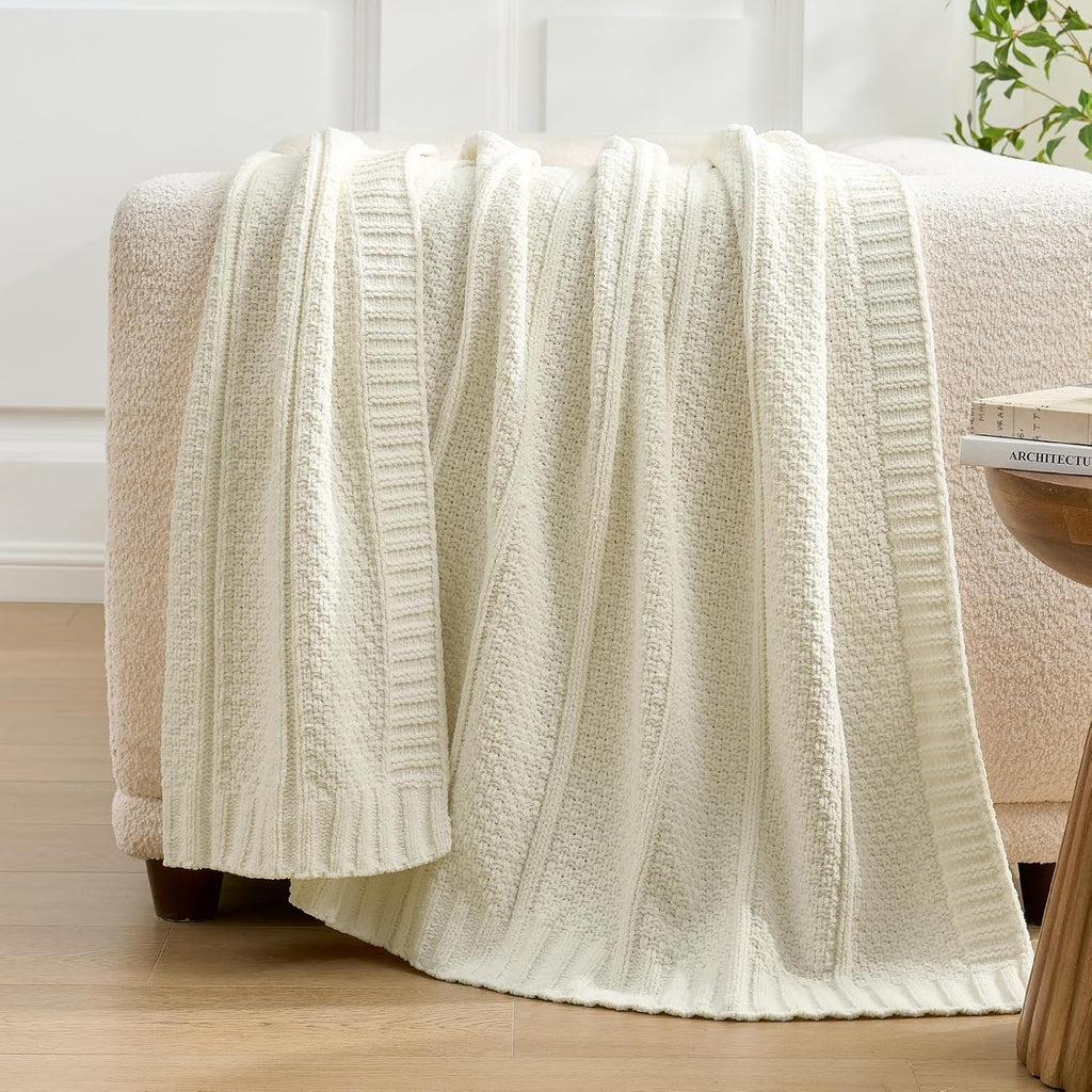 Premium Chenille Throw Blanket, Soft Cozy Moss Stitch Knit Blanket, Chair, Home Decor, Cream White 50"x60"
