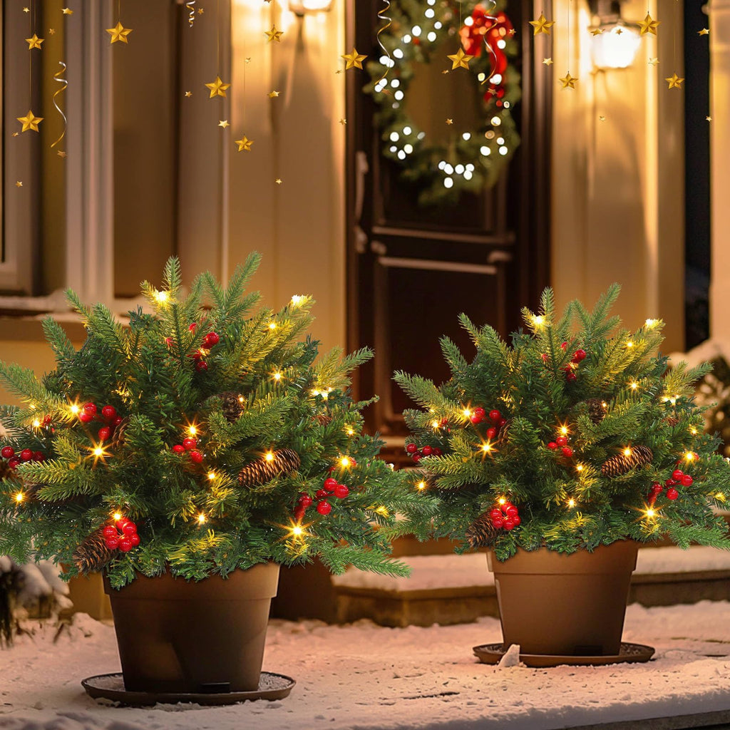 Timer 2 Pack Outdoor Christmas Tree Urn Filler 24 Inch Artificial Xmas Tree withPinecones Red Berries Tripod Stake
