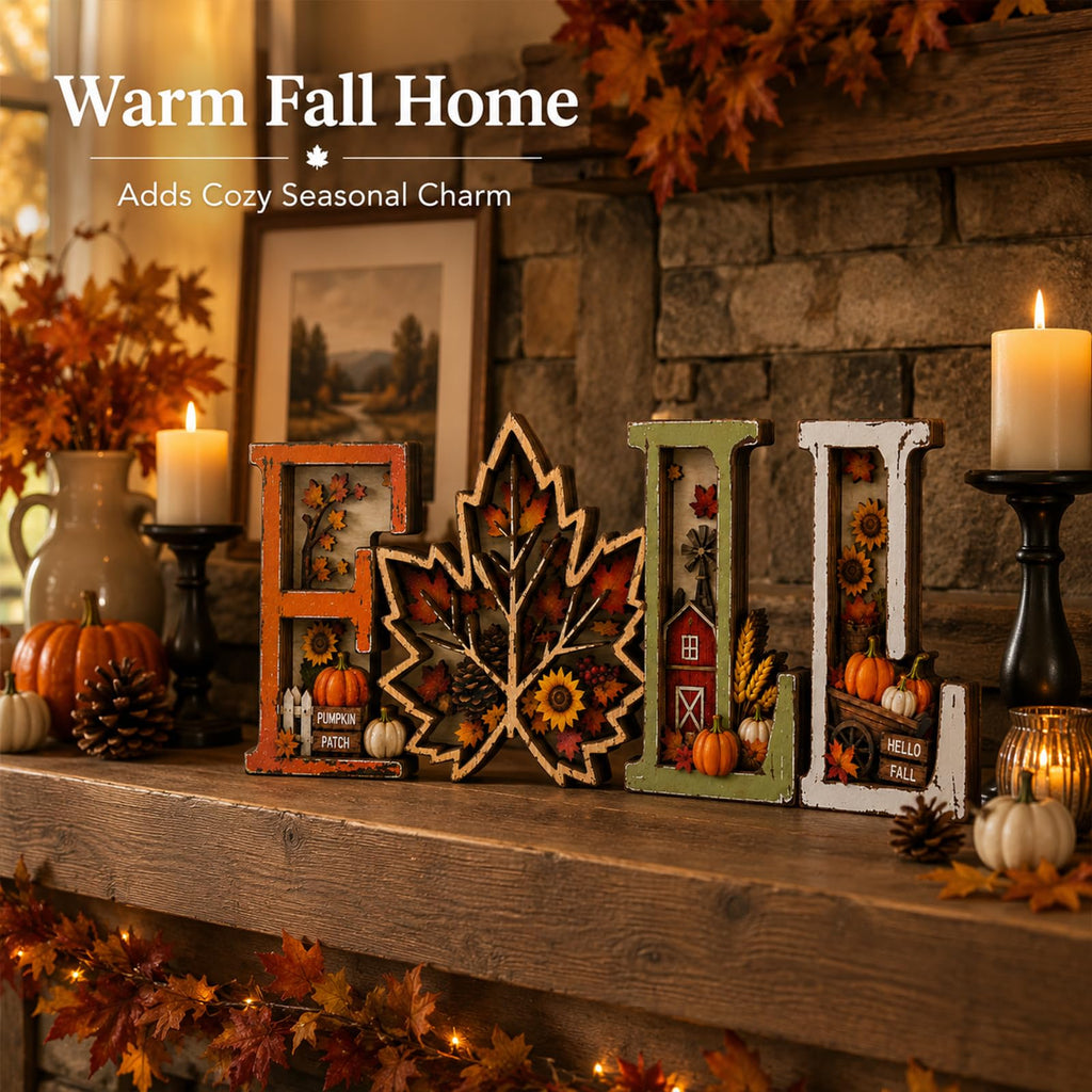 Fall Decorations 2026, 3D Wooden Fall Decor with Harvest Autumn Sign Leaf Pumpkin Scene, Rustic Thanksgiving Tabletop