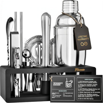 Mixology Bartender Kit with Stand - 15 Piece Bar Tool Set, Silver Bar Set Cocktail Shaker Set for Drink Mixing